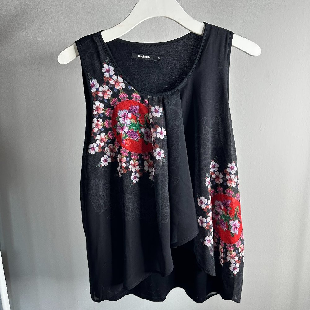 Desigual Black Floral & Red Accent Sleeveless Top